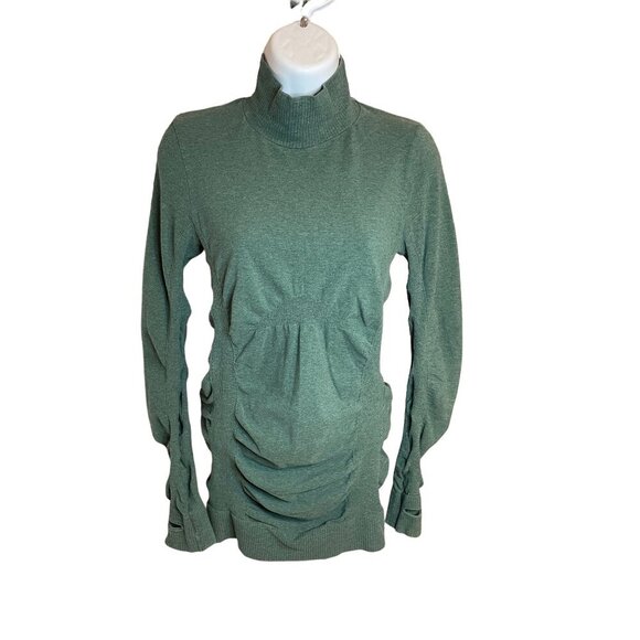 Athleta Green Pullover Mockneck Ruched Sweater with Thumbholes Sz M - Picture 1 of 10